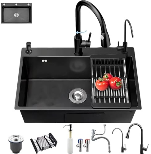 TAZZOR Küchenspüle Küchen Spülbecken Edelstahl Küchen Waschbecken Praktisches Schwarze Spüle Spülbecken mit Armatur Set, Tassenspüler, Seifenspender und Ablaufgarnitur (80×45CM)