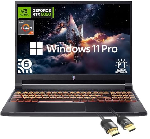 acer Nitro V 16 WUXGA Gaming Laptop, AMD Ryzen 7 260 8-Core, NVIDIA GeForce RTX 5050, WUXGA 180Hz IPS, 64GB RAM, 1TB SSD, WiFi 6, Backlit Keyboard, PDG HDMI Cable, US Version KB, Windows 11 Pro