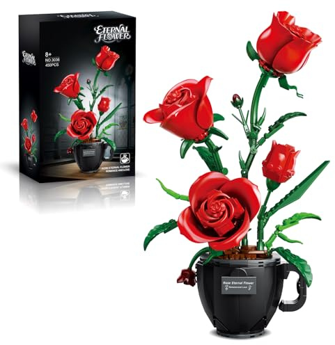 Ensemble de blocs de construction de roses rouges avec vase à café pour adultes, compatible avec les fleurs Lego, kit de collection botanique de roses pour la Saint-Valentin, cadeau de décoration