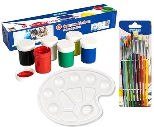 Stylex 28956 - Schulmalfarben im Set, 6 Malfarben für Kinder in den Farbtönen weiß, rot, blau, gelb, grün und schwarz, 20 ml (6er Pack) + Pinsel + Mischpalette