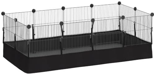 PawHut Kleintiergehege mit Bodenplatten 12 Paneel 120x60x40 cm Schwarz | Freilaufgehege, Laufstall, Wasserdichte Matte, für Kaninchen, Meerschweinchen, Innen und Außen, Stahlgitter