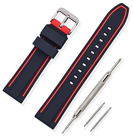 VINBAND Bracelet Montre Remplacer Silicone Bracelet Montre Bicouche Bicolore - 20mm, 22mm, 24mm, 26mm Caoutchouc Montre Bracelet avec Acier Inoxydable Boucle (24mm, Rouge)