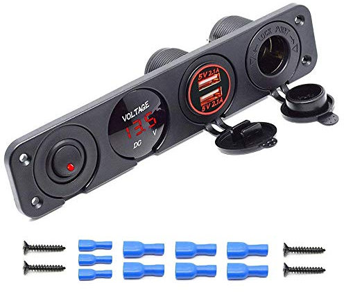 MASO Panneau de commutateur à bascule à 4 trous avec chargeur de prise USB double 2 * 2.1A + Voltmètre à LED + Prise de courant de 12 V(rouge)