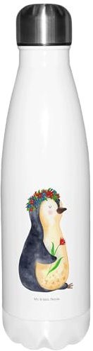 Mr. & Mrs. Panda Thermosflasche Pinguin Blumen - Geschenk, Lebenslust, Edelstahl, Ziele, Isolierflasche, Blumenliebe, Pinguine, Trinkflasche,