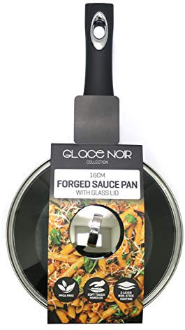 Daewoo CKW2272 Glace Noir 16cm Forged Black Saucepan with Glass Lid and Ceramic Non-Stick Coating, Suitable for Gas, Electric and Induction Cooking, Sturdy Handle with Chrome Insert, Aluminium