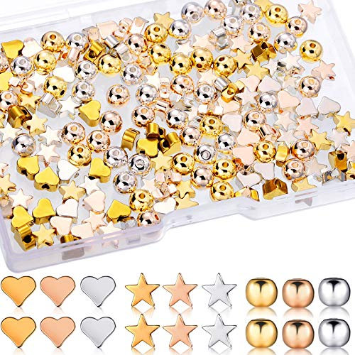 WILLBOND 180 Stück Gemischte Herz- und Sternform Perlen, Bunte Runde Abstandsperlen, Handgefertigte Lose Perlen Schmuck DIY Bastelzauber, Gold, Silber, Rosegold