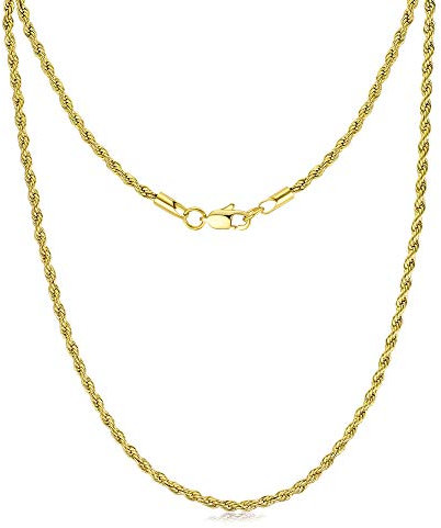 FOSIR 3mm Stainless Steel Mens Womens 18ct Real Gold Plated Twist Rope Chain Necklace, 18-30 Inch