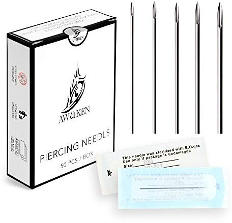 AWAKEN Aiguilles de Piercing Body Piercing stériles pour Accessoires de Tatouage de Langue de Nombril d'Oreille de Nez 50 pièces 14G