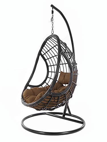 Kideo Komplettset: großer Hängesessel mit Gestell & Kissen, Korbsessel, Poly-Rattan, schwarz (Kissen: Dunkelbraun Chesterstepp (7790 Chocolate), Korb & Gestell: schwarz)