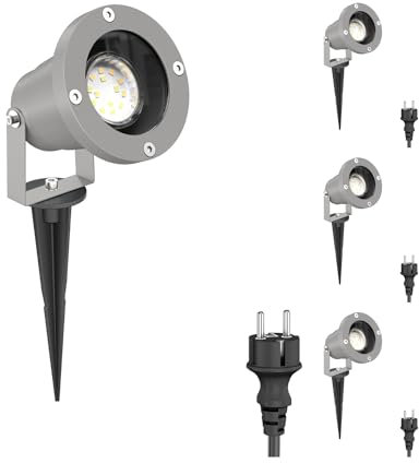 ledscom.de 4 Stück Gartenstrahler DUK mit Erdspieß für außen, IP65, Stecker, grau, inkl. GU10 LED 206lm weiß
