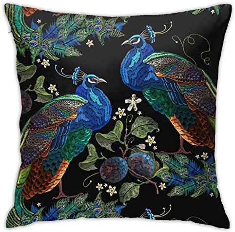 Akame Kissenbezug mit Pfauen-Stickerei, gemütlich, quadratisch, Heimdekoration für Bett, Couch, Sofa, Wohnzimmer, 45,7 x 45,7 cm