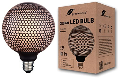 greenandco Vintage Design LED Lampe schwarz gemustert | Sechsecke | dimmbar | E27 G125 | 4W 100lm | 1800K extra warmweiß | zur Stimmungsbeleuchtung | flimmerfrei 300° | 230V