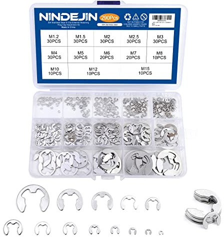 NINDEJIN E-Clip Retaining Rings Assortment Set, 304 Stainless Steel External Snap Ring Clip Kit, 1.2-15mm(13Sizes)E Circlip Retainer Rings for Projects–Car Engines, Locking Mechanisms and Other Shafts