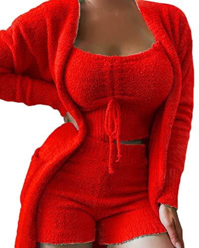 Pigiama Donna Invernale Lungo in Pile,Set da Pigiami Fuzzy 3 Pezzi,Pigiami Sexy Tre Pezzi con Cardigan Aperto sul Davanti,Top Corto con Scollo a U e Pantaloncini,Morbido Tuta per la Casa Stile C S
