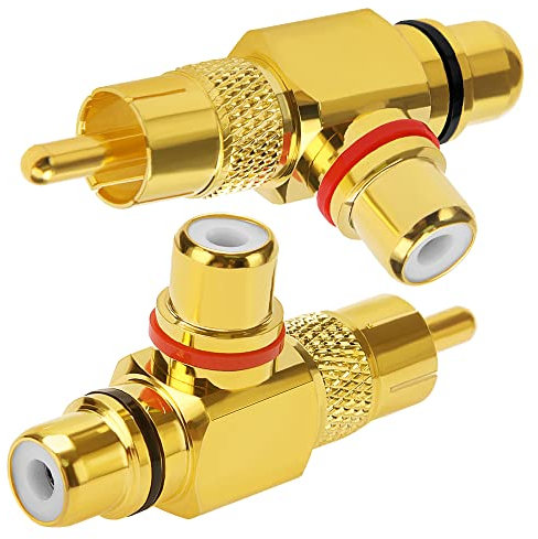 KUOQIY 2 Piezas Ángulo Recto RCA Y Divisor Adaptador, Jack Chapado en Oro Audio Video Y Splitter, Adaptador Divisor RCA-Macho a 2 Conectores Hembra de Audio y Vídeo