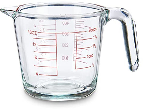 TIENDA EURASIA - Jarra Medidora de Cristal, Jarra Medidora con 4 Escalas distintas, Jarra Calibrada en ml, dl, Oz, Cups, Jarra de Vidrio para Recetas, Jarra Transparente con Asa (500 ml)