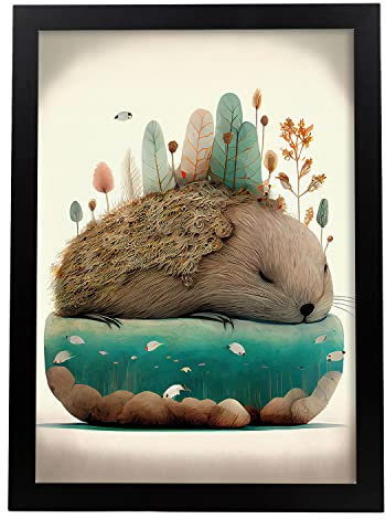 Nacnic Biber Poster im Präzisionsstil. Illustrationen süßer schlafender Tiere in warmen Farben für Kinderzimmer. Innenarchitektur und Dekoration. A3 mit schwarzen Rahmen.