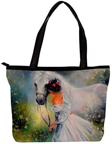 TBOUOBT Handtaschen für Damen Mode Tragetaschen Umhängetasche Satchel Taschen,Ölgemälde Mädchen und Schimmel Frühling