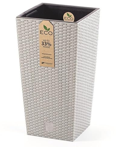 Blumenkübel Blumentopf Pflanzkübel ECO Wood Blumenkasten Quadrat Rattan Optik Höhe 55cm mit Pflanzeinsatz (Weiß Rattan)