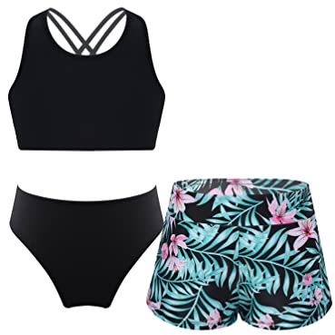 TiaoBug Mädchen Kinder Tankini Bikini Set Sport Badeanzug Zweiteiler Bademode Leopardenmuster Top und Kurze Hose Shorts Turnanzug Tanz Gymnastik Bade Bekleidung 116-164 Schwarz Grün CC 152
