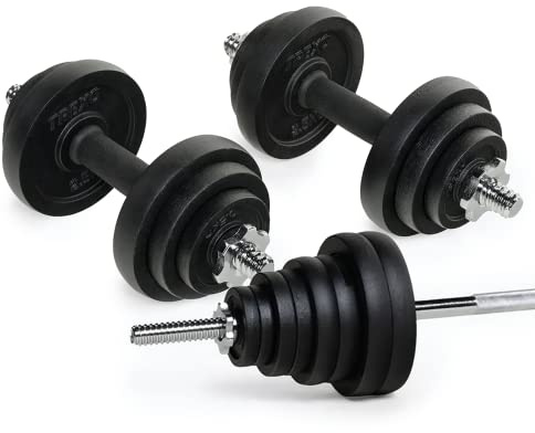 XTREXO Set bestehend aus Kurzhanteln, Gewichten und Gewindestangen mit einem Gesamtgewicht von 50 kg in einem Koffer mit 20 gummierten GusseisenScheiben für das Krafttraining zu Hause DK50