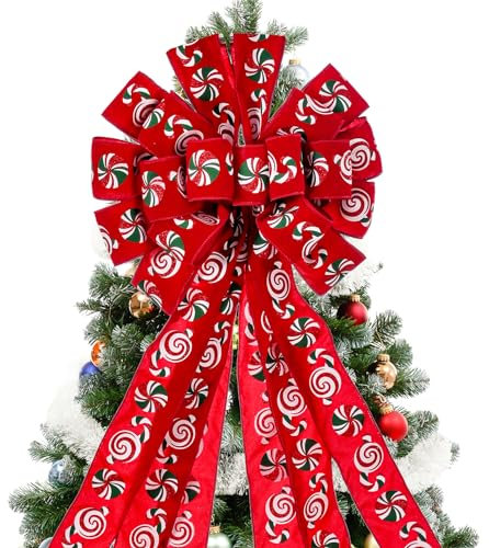 Puntale per albero di Natale con fiocco per ghirlanda di Natale, 114,3 x 30,5 cm, grande, rosso, con motivo a caramelle, per albero di Natale, rustico, casa, vacanze, feste