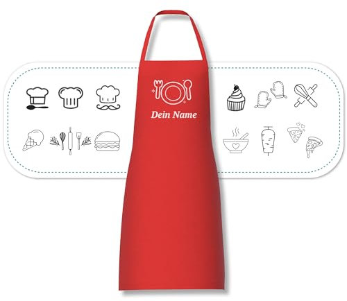 Schürze personalisiert mit Motiv & Wunschtext bestickt - Individuell personalisierte Kochschürze aus hochwertiger Baumwolle als besonderes Geschenk (Rot)