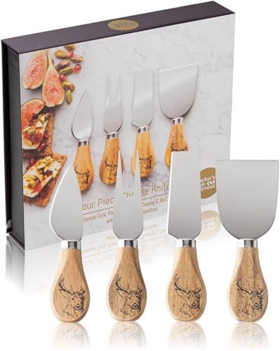 4 Piece Cheese Knife Set - Stylish Acacia Wood Cheese Knives Gift Set With Stag Design. Ergonomic Knife Handles & Polished Stainless Steel Blades, Extra Sharp And Sturdy. 10 Year Guarantee.