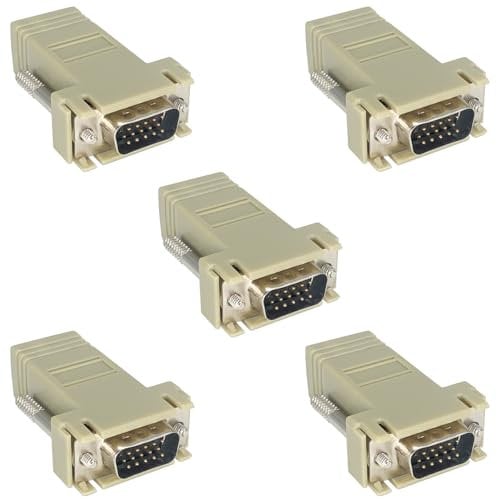 Jienk 5 adattatori VGA su Ethernet, VGA maschio da 15 pin a RJ45 femmina, estensore di trasmissione su cavo di rete CAT5 CAT6