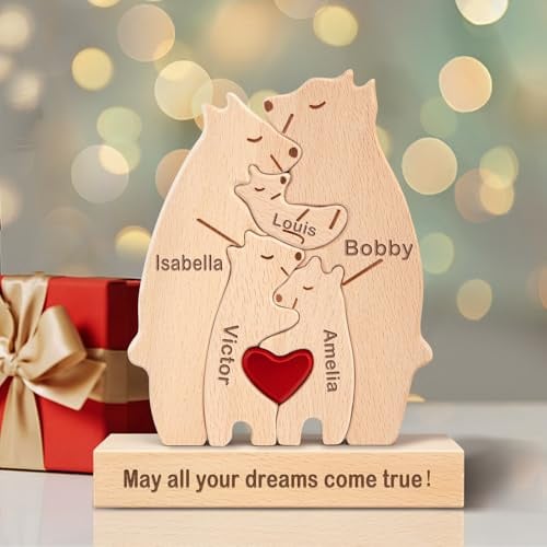 Kowlone Personalisiertes Holzkunstpuzzle der Bärenfamilie Geschenk mit 1-8 Namen, We Are One Holz Bär Tier Skulpturen Desktop Ornament Heim Tischdekoration Ideen für Weihnachts Jubiläum Geburtstag