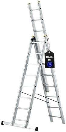 PROREGAL Sprossen-Mehrzweckleiter Economy Plus | 3-teilig mit Traverse | 3x8 Sprossen | Arbeitshöhe 5,05m | Traglast 150kg | Alu Leiter Vielzweckleiter Haushaltsleiter Arbeitsleiter Anlegeleiter
