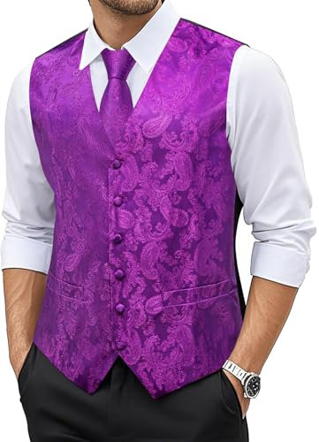 YOHOWA Set di 6 gilet da uomo con cravatta e gemelli quadrati e spilla Paisley fiore scollo a V in seta perfetto per occasioni formali o casual, Paisley viola., L