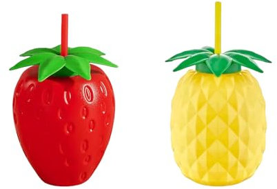 Bicchiere con Tappo e Cannuccia, Tazza Bambini Divertente, Decorato, Multiuso e Riutilizzabile, 800 Ml (Fragola + Ananas)
