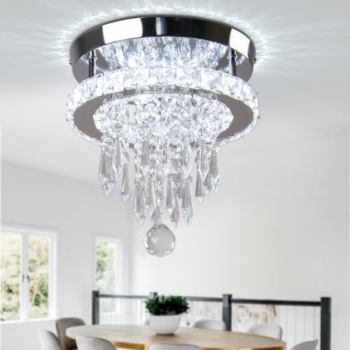 Cainjiazh Moderno Lámparas de araña de cristal LED Lámpara de techo Raindrop Colgante Lámpara de techo de acero inoxidable Cristal Lámpara de techo para Armario Pasillo Entrada Vestíbulo (Blanco Frío)