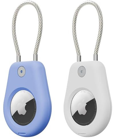 Tandoler for AirTag Keychain Holder with Wire Cable, 2 Pack Secure Lock Case for Air tag, Compatible with Apple AirTags, Key Ring Chain, Protective Accessory with AirTag for Pets, Luggage, Blue+White