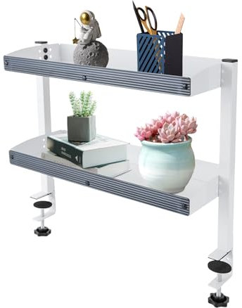 Schreibtischregal mit Klemmvorrichtung, Schreibtischregal mit Klemmvorrichtung, 2-stufiges Regal mit verstellbarem Ablagefach, Schreibtisch Regalaufsatz, für Büros, Wohnzimmern (Weiß)