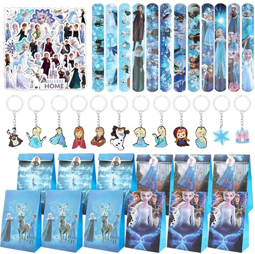 Powmag 86 Pcs Elsa Party Mitgebsel, Eiskönigin Mitgebsel Kindergeburtstag,Party Gastgeschenke Mädchen, Gastgeschenk Mitgebsel Set mit Schlüsselanhänger Geschenktüte Aufkleber Schnapparmband