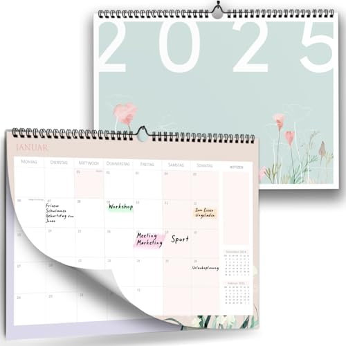 Wandkalender 2025 I Monatskalender mit Kästchen als A4 Quer Kalender I Perfekt für Paare, Singles oder Familien I Mint, Blumen I Ideal als Familienplaner, Monatsplaner für Zuhause oder Büro...