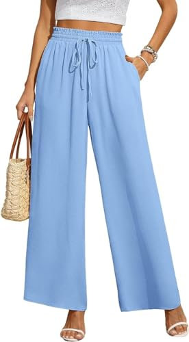 BEIGAI Damen Hosen Weite Lose Gerade Geschnitten Palazzo Hose Hohe Taille Dehnbar Lounge Elegante Hose mit Taschen,Hellblau,L
