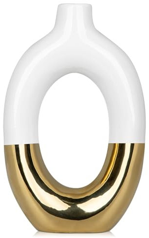 Hollyone Keramikvase, Weiß Gold Vase für Heimdeko, Hohle Design Donut Keramik Vasen, Dekorative Blumenvase, Moderne Vase für Trockenblumen, Schlafzimmer, Wohnzimmer, Tischdeko