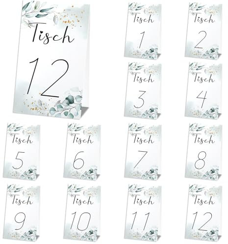 12 Stück Tischnummern Hochzeit,Eukalyptus Weiß Tischnummern 1-12,Tischdeko Tischkarten aus Papier Nummern Zahlen für Hochzeit Geburtstag Party Taufe Kommunion Konfirmation