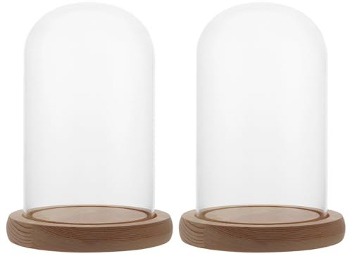 2 campane in vetro con fondo in legno, 15 cm di altezza, campana decorativa in vetro trasparente, con fondo in legno, campana in vetro per bambole, decorazioni da tavola e oggetti d'antiquariato