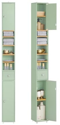 SoBuy Tall Bathroom Storage Cabinet - Freestanding Slim Bathroom Cabinet, Water-Resistant MDF with Adjustable Shelves and Drawer - Compact Bathroom Furniture, Light Green, 20x20x180cm, BZR34-II-GR