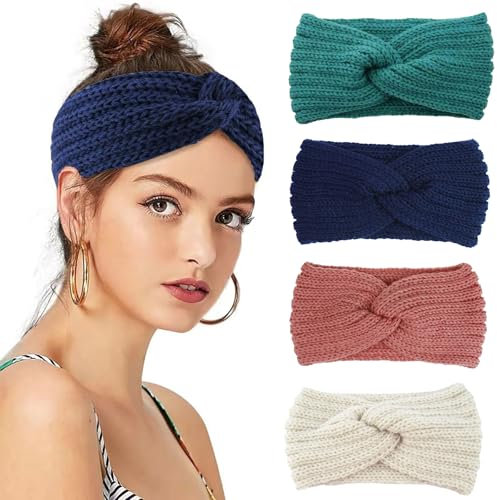 Elfinfi Bandeau Cheveux Femme, 4 Pièces Bandeau Hiver Femme, Tricotés Cheveux Hiver, Épaissir sont Très Chaudes, Résistant Et Respirant Cache Oreille