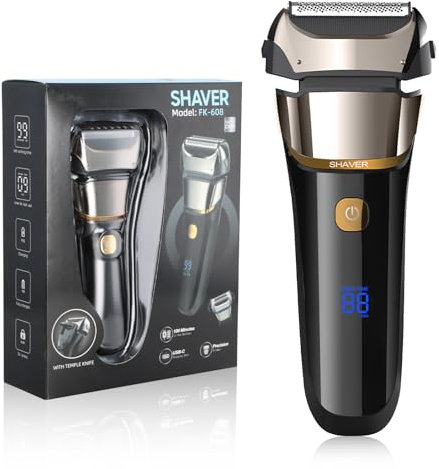 Focenat Rasierer Herren Elektrisch, Elektrorasierer für Männer, Folienrasierer Herren, Nass & Trocken Rasierer, mit LED-Anzeige zum Barttrimmer, Wiederaufladbarer USB Rasierapparat, Waschbarer