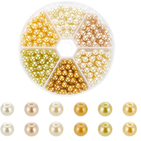 WADORN 300 pièce Perles de Verre Nacrées Jaunes, 6 couleurs 6mm Perles de Verre Rondes Jaunes Charm Artisanales en Vrac avec Trous pour Fabrication de Bijoux Bracelets Colliers Boucles D'Oreilles