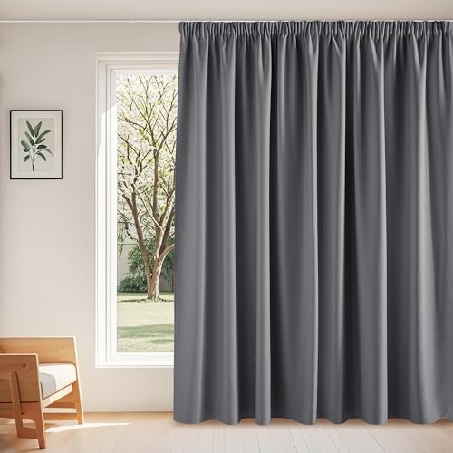 PONY DANCE Wohnzimmer Vorhänge mit Kräuselband für Schiene Extra Breite Gardine Blickdicht 1er Set H 245 x B 300 cm 85%-95% Verdunklungsvorhänge Grau Thermogardinen Hitzeschtz Blackout Curtains