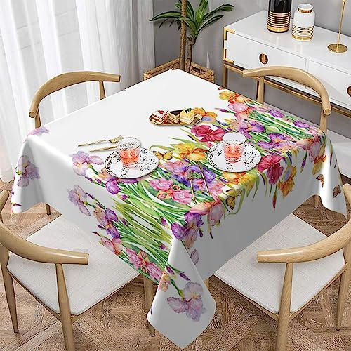 Hzhuaoeg Iris Tischdecke, quadratisch, Motiv: Blume, Schmetterlinge, waschbar, Polyester, Tischdecke für Küche, Esstisch, 137 x 137 cm