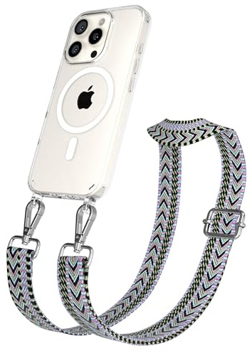 EAZY CASE Handykette - Verstellbares Taschenband kompatibel mit iPhone 16 Pro, Schulterriemen, Handykordel mit Silikon Hülle, Qi Charging kompatibel, Umhängetasche, Lila Grün Silber