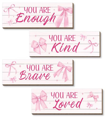 Pink Bow Room Decor Wood 4PCS Inspirational Wall Art Girls Bedroom Accessories Positive Quotes Girls Pink Wall Decor for Bathroom Bedroom Living Room